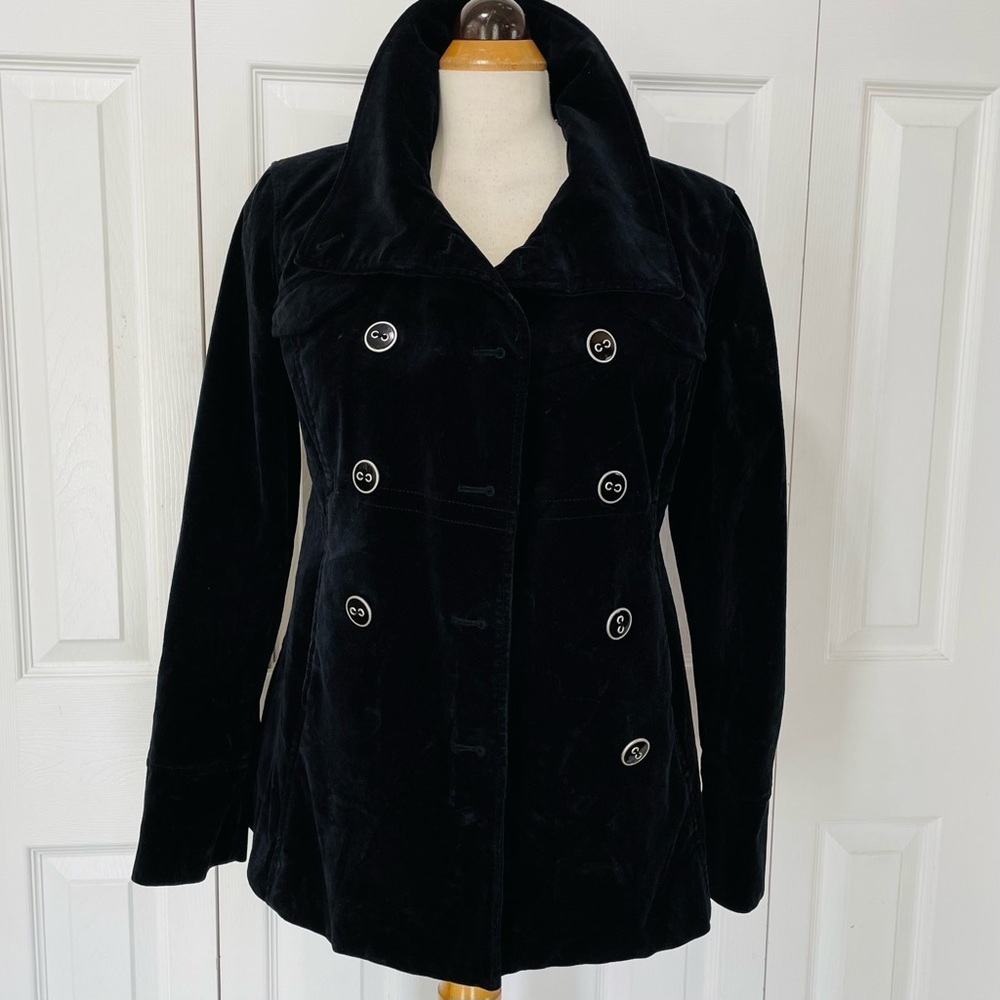Calvin Klein Jeans Black Velvet Double-Breasted Pea Coat Missing button - Picture 2 of 6